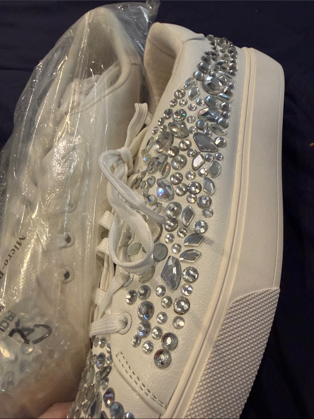 Aldo White Rhinestone-Embellished Lace-Up Sneakers NWOB SIZE 9 - Picture 3 of 4